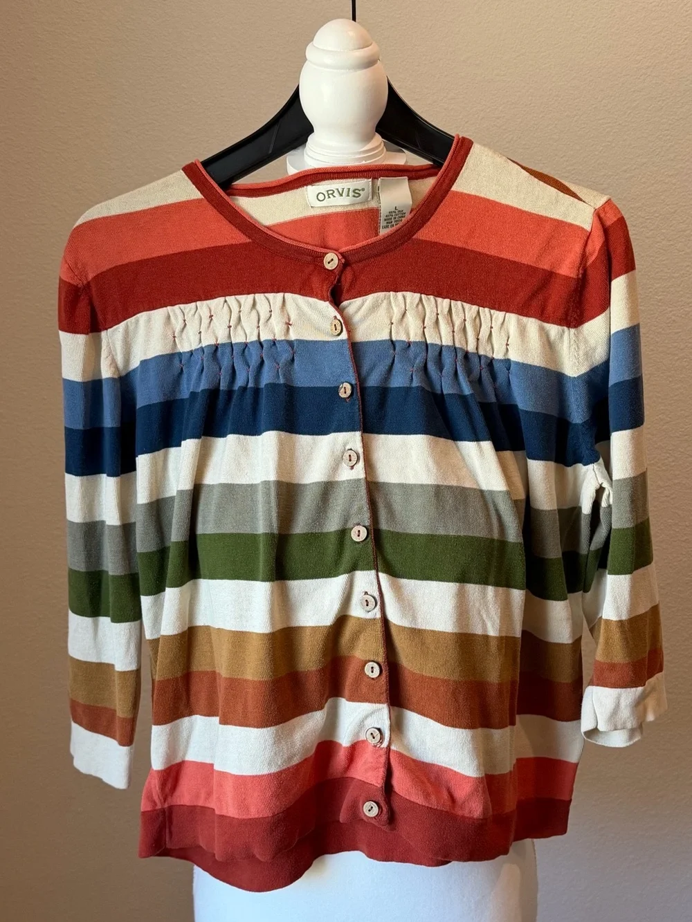 Orvis Multicolor Striped Button-Front Top in Coral, Navy & Olive